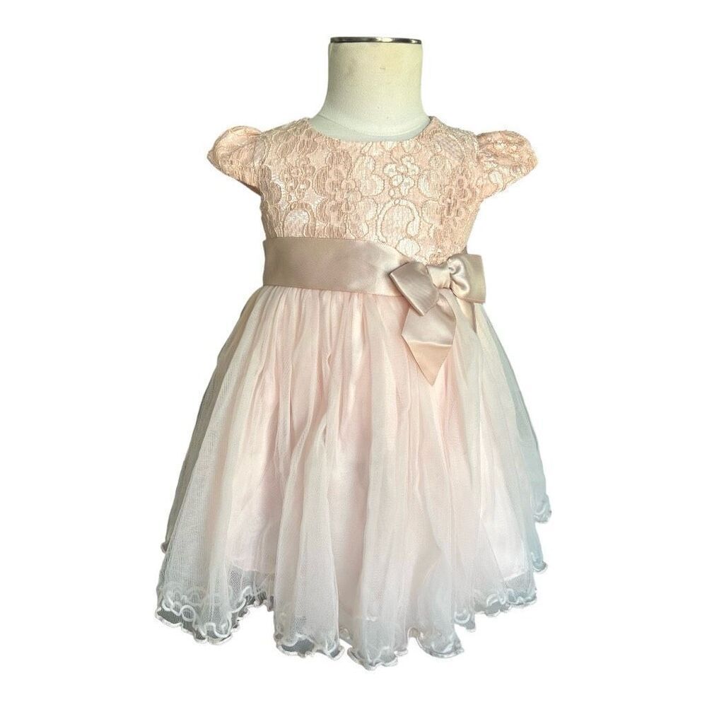 Baby Girls Bonnie Baby Pale Pink Tutu & Lace Bow Detail Dress - Sz 18 mo
